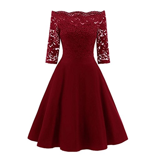 Tefamore Manches Robe Femmes Nouveau Vintage Dentelle Patchwork Off épaule Cocktail Party Retro Swing Dress (S, Rouge)