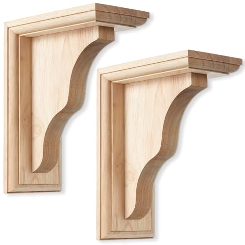 Briwooody 2 Pcs Traditional Wood Corbels Decorative Wooden Brackets Unfinished Solid Rubberwood Shelf Bracket for Doorway Countertop Kitchen Cabinet Book Shelves (2 1/4