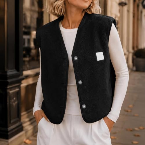 Womens Sherpa Fleece Vest V Neck Button Front Pockets Casual Fall Layering - image 8