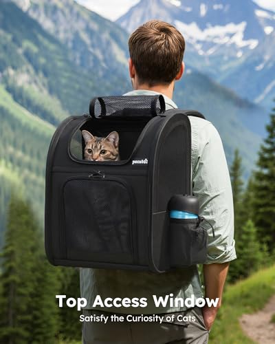 pecute Haustier Rucksack mit Netzfenster, Tragbare und Faltbare Katzentasche, Atmungsaktive und Leichte Hundetasche, Wasserdichtes Oxford-Tuch mit viel Platz, Multifunktional rutschfest Schwarz 6kg