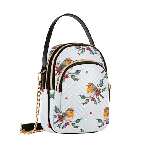 Shoulder Purse for Women Cartoon Birds Red Berries Winter Quilted Cell Phone Wallet Chain Purse Cute Zipper Bowler Tote Ladies Satchel, 5.9" × 8.3" × 3.1"2