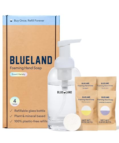 BLUELAND Hand Soap Starter Set, 1 Refillable Glass Foaming Hand Soap Dispenser with 4 Refill...