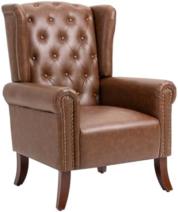 MOJAY Mid-Century PU Leather Accent Chair, Living Room Lounge Sofa Chair with Buttons, Single Club Armchair with Rivet Trim for Bedroom Home Reception (Brown)