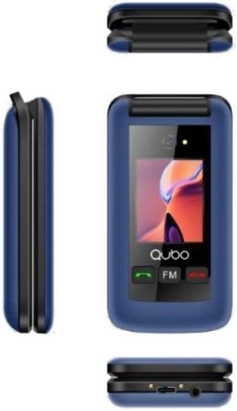 Вишеструко views of the Qubo X-247 4G mobile phone in blue, showing the closed front with external screen, side profile, и дно view with charging port and audio jack.