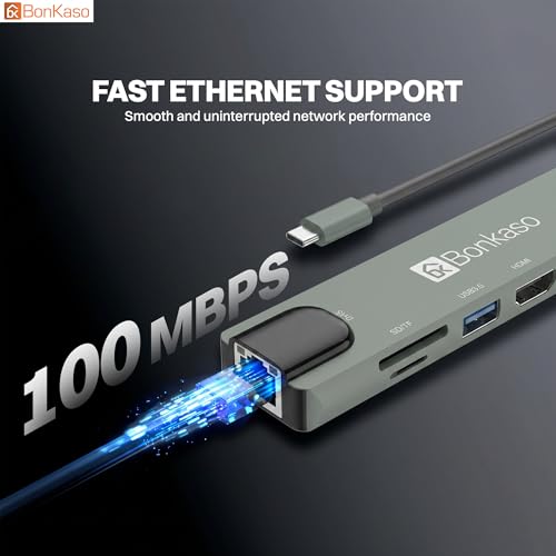 Image of BonKaso 8-in-1 USB C Hub with 4K HDMI, 100W PD Charging, Gigabit Ethernet, 3 USB 3.0 Ports, SD /TF Card Reader, Type C Multiport Adapter for MacBook Pro /Air, Dell, HP, Lenovo, iPad Pro & USB-C Laptops