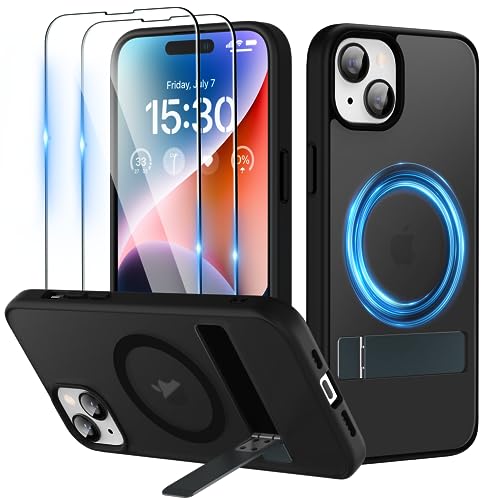 Coque iPhone 15 Magsafe noire avec béquille intégrée et protection écran en verre trempé
