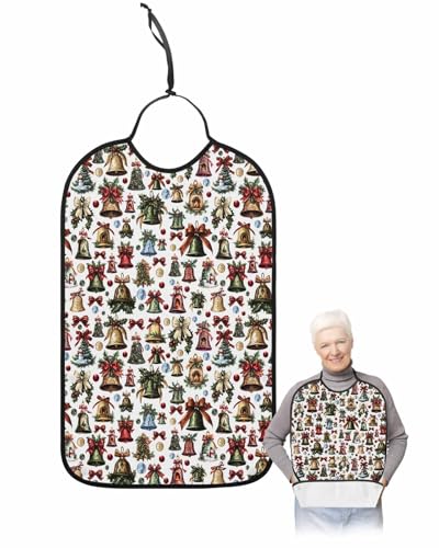 Christmas Adult Bibs for Eating, Christmas Ornaments Bells Bows Washable Elderly Adult Bibs for Men Women Large Reusable Adjustable Clothing Protector with Optional Crumb Catcher