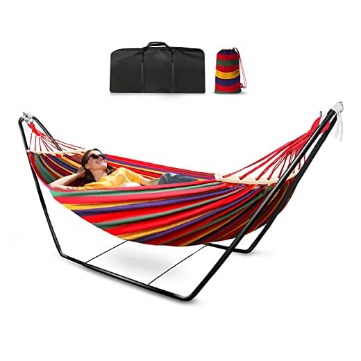 HJZ Hängmatta med stativ, dubbel hängmatta för 2 personer med ram metallstativ inomhus utomhus trädgård campingstol gunga med 150 kg lastkapacitet för vuxen strandresa kanvas med bärbar bärväska