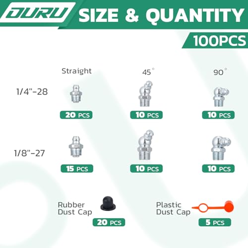 Image of OURU 100PCS Grease Fittings Kit, SAE Zerk Grease Fittings Straight 45 90 Degree with Grease Fitting Caps for Grease Gun
