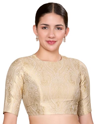 Image of Studio Shringaar Women Brocade Silky Jewel Neck Readymade Elbow Length Sleeve Saree Blouse