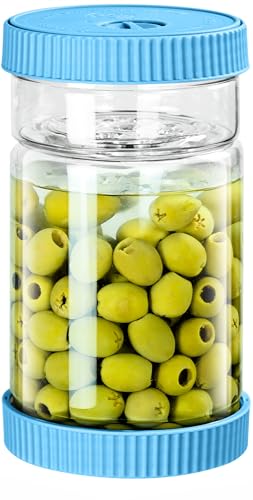 LIVSGNISTA Upgraded 40oz Glass Pickle Jar with Time Tracker–Pickle Container with Strainer Flip Leak-Proof,Auto Venting,Easy Clean Design Hourglass Pickle Juice Separator(Blue)
