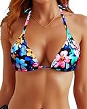 Tempt Me Women Black Colorful Floral Triangle Bikini Top String Halter Bathing Suits Top Only No Bottom S