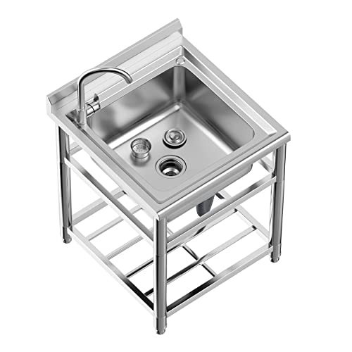 Freestanding Stainless Steel Sink, Commercial Restaurant Sink, Large Single Bowl Sink, Outdoor Sink, Industrial Sink For Restaurant, Cafe, Bar, Hotel, Garage, Laundry Room, W23.5” × D25.2” × H33.5” #TOP7