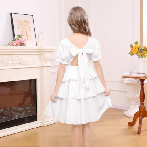 Girls Summer Dress Elegant Tie Back Short Sleeve Dress for Kids Teens,Breathable Daily Wear3