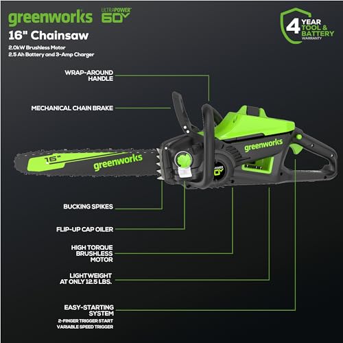 Image of Greenworks 60V 16 inch Brushless Cordless Chainsaw, 2.5Ah Battery and Charger Included