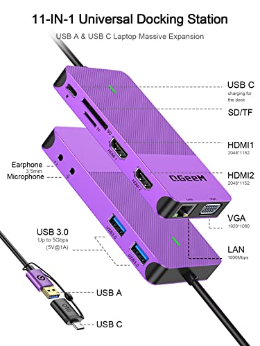 Image of QGeeM USB 3.0 Laptop Docking Station, Triple Display USB Hub Hdmi Splitter Extender Dual Monitor,USB Dock with 2 HDMI,VGA,USB 3.0,Compatible for MacBook M1 M2 M3 M4 Dell HP Lenovo Mac OS-Purple