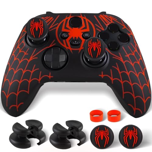 PlayRealm Silicone Skin Cover Sticker x 1 & Extender Grips x 2 for Xbox Series-One Controller Spider Net