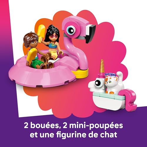 LEGO Friends Fête dans la Piscine avec les Bouées Licorne et Flamant Rose - Jouet - Animaux Flottants, 2 Mini-Poupées, Churro le Chat & Accessoires dont Cabine DJ & Transats - Cadeau Fille 5 ans 42658