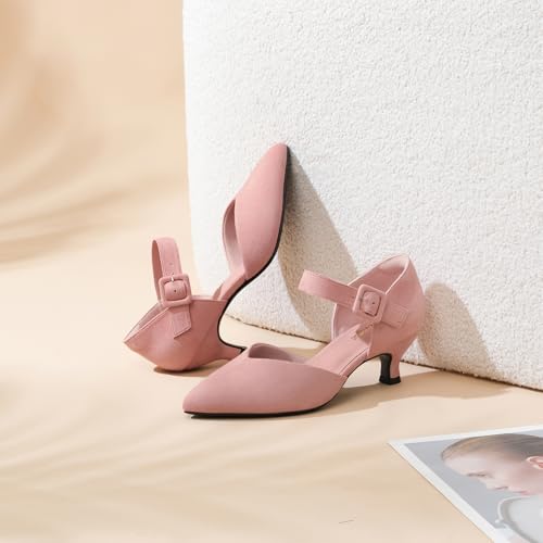 Image of RIBONGZ Comfortable Kitten Heels for Women Pointed Closed Toe Ankle Strap Buckle Heels Slip on Low Heel Church Pumps Wedding Bridal Party Dressy Shoes