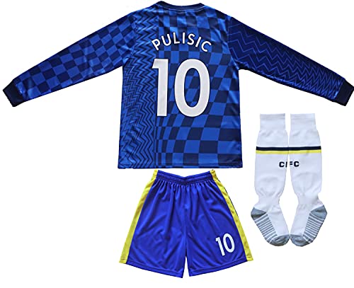 SEEMBELL Youth Sportswear Chelsea Christian Pulisic 10 Kids Home Long Sleeve Soccer Jersey Shorts Football Socks Set (Blue, 22)