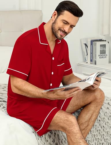 Image of SWOMOG Mens Pajama Sets Short Sleeve Sleepwear Button Down Loungewear Soft Modal Lounge Pjs with Pockets S-XXL