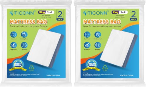 Image of TICONN 2PK Plastic Mattress Bag for Moving Storage, Waterproof Mattress Protector Cover, Heavy-Duty Mattress Moving Supplies (3 mil, King) (Pack of 2)