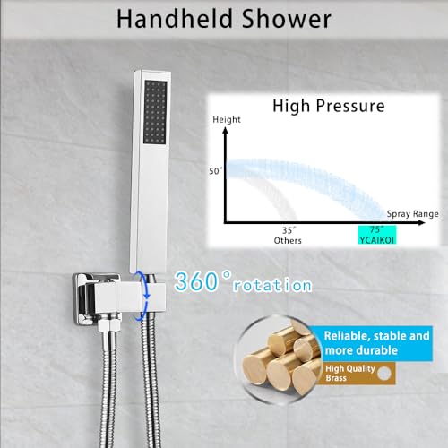 Image of Chrome Shower System YCAIKOI Wall Mount Shower Faucet Set for Bathroom 10 Inch High Pressure Luxury Shower Head with Handheld, Rough-in Valve Body and Trim Included