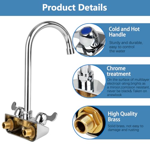 Image of Commercial Hand Sink Faucet with 6 inch Gooseneck Spout, 4 Inch Center Wall Mount Kitchen Sink Faucet for Laundry Kitchen Restaurant Bar Sink, Brass Constructed