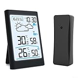 Stazione meteo wireless con termometro igrometro digitale, sensore interno ed esterno, radio, previsioni, gelo, display LCD retroilluminato per casa (nero)