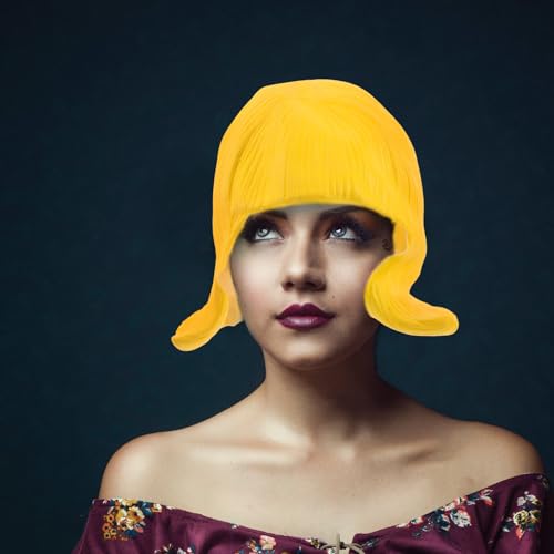 Peluca de cosplay para mujer corta de látex amarillo SHINEOFI 5