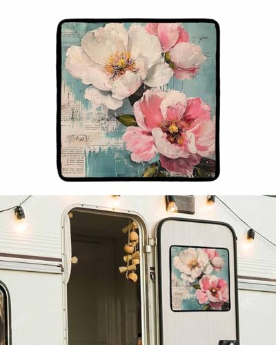 LEOKOTI RV Door Window Shade, Pink White Spring Floral Blackout RV Window Shades Foldable, Summer Botanical Vintage Flower Privacy Insulation Car Covers for Camper 16