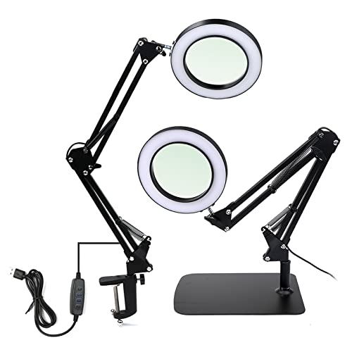 Lampe Loupe LED 10X 2 en 1 Loupe Eclairante avec Pince et Base 12 W 3 Couleur Loupe Lumineuse sur Pied Réglable Loupe à Bras pour Lecture Artisanat Couture Soudure Loupe avec Lumière