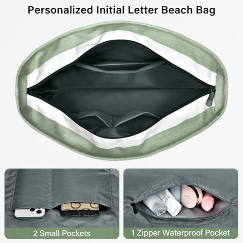 Becokan Beach Bag Initial Beach Tote with Makeup Bag for Travel Work Storage Personalized Birthday Gifts for Women Her4