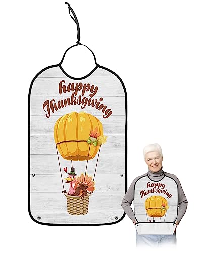 LEOKOTI Happy Thanksgiving Adult Bibs for Eating, Waterproof Bibs with Food Catcher & Adjustable Snap Closure, Turkey Pumpkin Rustic Wood Washable Clothing Protectors Adult Bibs for Elderly Women/Men