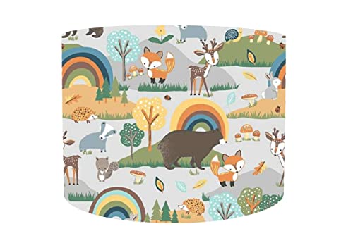 LeoAndCal, Woodland Lampshades For Nursery, Choice of 20cm 25cm 30cm, 35cm Diameter, Woodland Animals Room Decor, Kids Playroom Ceiling Light, Neutral Baby Nursery Decor, Rainbow And Woodland (Grey)