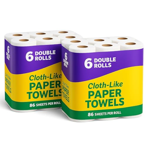 Cloth-like Paper Towels, Task Size - 12 Family Rolls (2 Packs of 6) = 24 Regular Rolls (86 Sheets Per Roll)