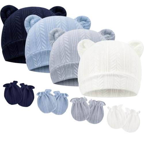 Image of BQUBO Newborn Baby Hats Bear Ears and Mittens Sets Preemie Caps Baby Boy Girl Infant Hospital Beanie for 0-3 Months
