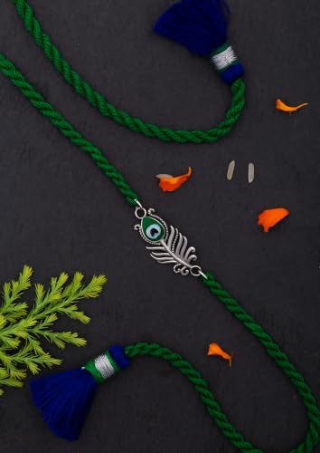 Image of Meenakari Heriatge Jewellery 925 Sterling Silver Morpankh (Peacock feather) Radha Krishna Rakhi Set For Men /Boys /women /Unisex With Roli Chawal, Rakshabandhan greeting Card and Authenticity certificate