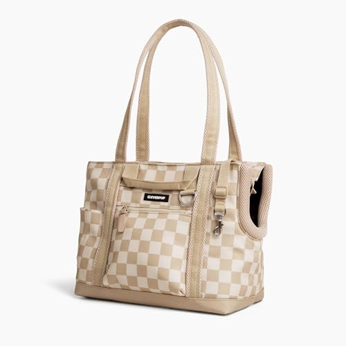 Cleverpup Transit Tote Dog Carrier for Small Dogs Under 8 lbs, 16x11x8 Soft-Sided 4-Pc Set with Waterproof Base, Plush Insert, Food Pouch, Mesh Head Opening - Small, Checkerboard - Image 3