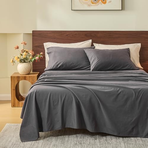 MEISHANG 100% French Pure Linen Sheets King Size - Bed Sheets 4 Piece Sets, Soft Durable Flax Linen...