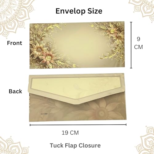 Image of Pack of 20, Golden Petal Charm Design Fancy Shagun Envelopes for Gifting Money Rectangle Shape Velvet Finish Paper Designer Sagan Lifafa Wedding Cash, 19 X 9 cm, Mocha Beige Color