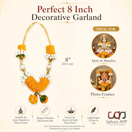 Image of Salvus APP SOLUTIONS Yellow & White Artificial Plastic and Fabric Flower Garland with Moti Balls | 8 Inch Pooja Mala for God Idols, Photo Frames, Temple & Home Decoration