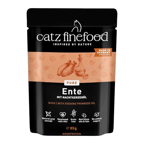 catz finefood Purrrr Ente Monoprotein Katzenfutter nass N° 115, für ernährungssensible Katzen, 70% Fleischanteil, 16 x 85g Beutel