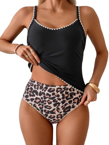 Image of Eomenie Tankini Swimsuit for Women Tummy Control Ruched Two Piece Bathing Suits High Waisted Shell Stitch Swimwear