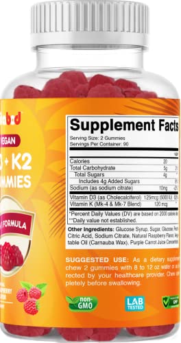 Vitabod Vitamin D3 K2 Gummies - Bone & Heart Health - 180 Pectin Based Gummies #TOP1