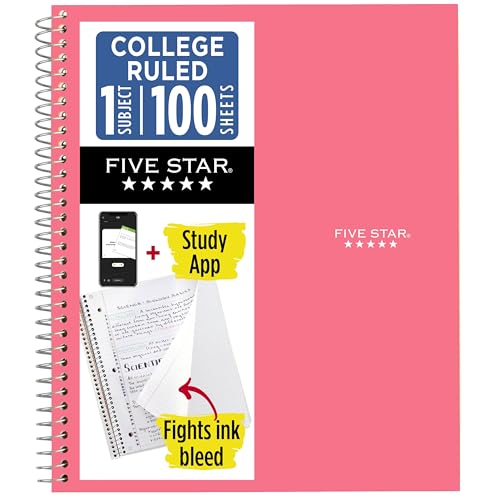 Image of Five Star Spiral Notebook + Study App, 1 Subject, College Ruled Paper, 8-1 /2 inch x 11 inch, 100 Sheets, Fights Ink Bleed, Water Resistant Cover, Prom Pink (820002R)