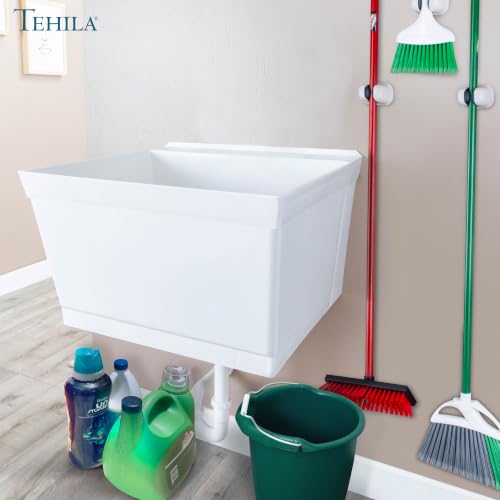 Image of JS Jackson Supplies Tehila White Wall-Mounted Utility Sink Tub Kit, Wall-Mounted Utility Tub with Wall Bracket, Floating Utility Sink for Laundry Room, Garage, Workshop, and More