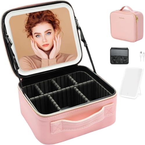 Kit Maleta Maquiagem completo Profissional Com Espelho e Luz Led e paleta de maquiagem (Rosa)