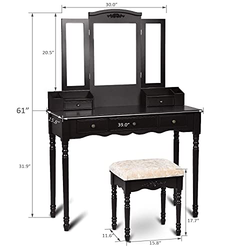 image for Allewie Makeup Vanity Set with Large Tri-Folding Mirrors, Dressing Tab