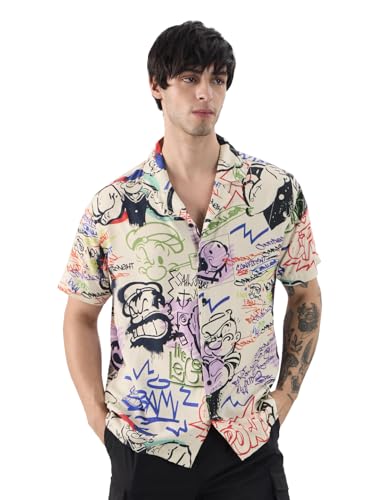 Image of The Souled Store Official Popeye: Graffiti Men and Boys Short Sleeves Collared Neck Button Front Multicolor All Over Printed Rayon Holiday Shirts